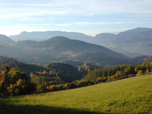 A view of mountains and trees from the top of a hill.